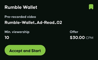 Rumble Wallet pre-recorded ad read campaign card — $204 CPM offer