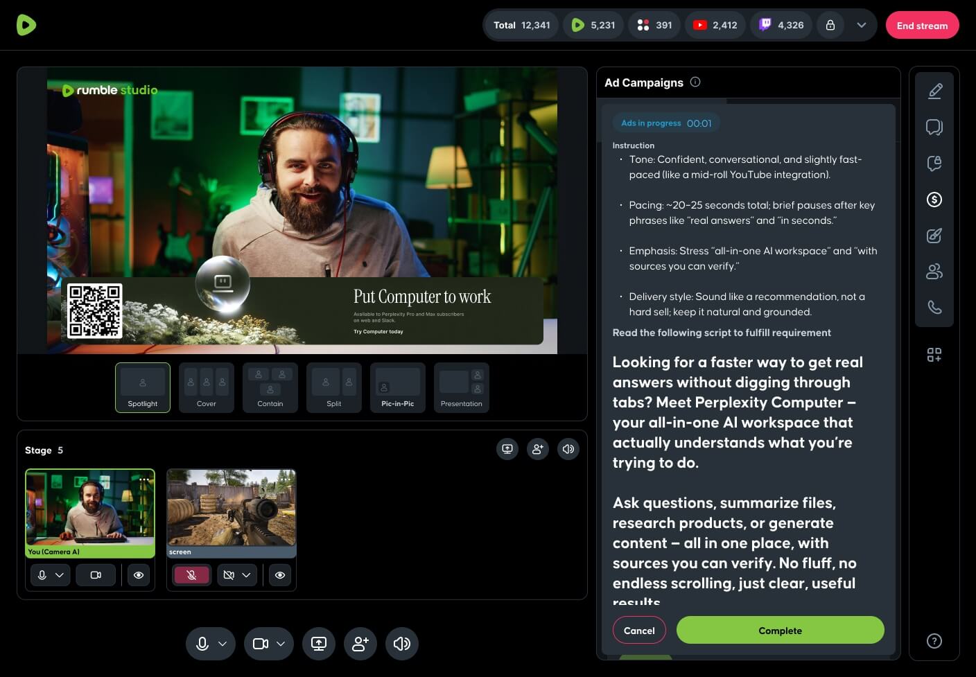 Rumble Studio with an active Ad Campaign — QR code overlay on stream and live script panel
